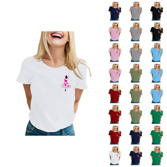 Cancer Awareness T Shirts for Women 2025 Short Sleeve Crewneck Pink Ribbon Graphic Tshirt Womens T Shirts