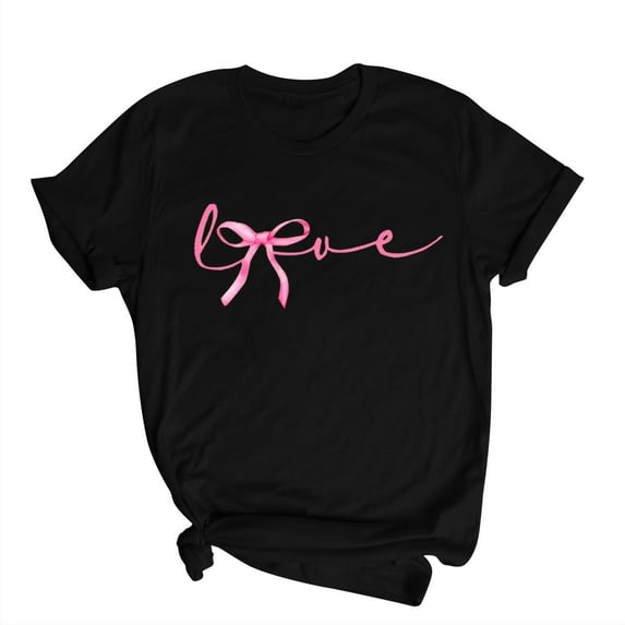 Breast Cancer Awareness T Shirts for Women Crew Neck Neck Short Sleeve Casual Loose Tops Heart Ribbon Graphic Shirt (Black L)