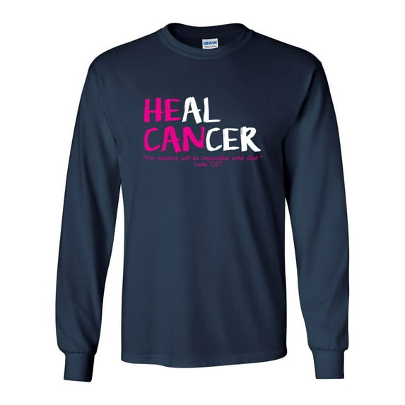 Breast Cancer Awareness T-shirt Heal Cancer Pink Ribbon Long Sleeve Unisex Shirt-Navy-medium