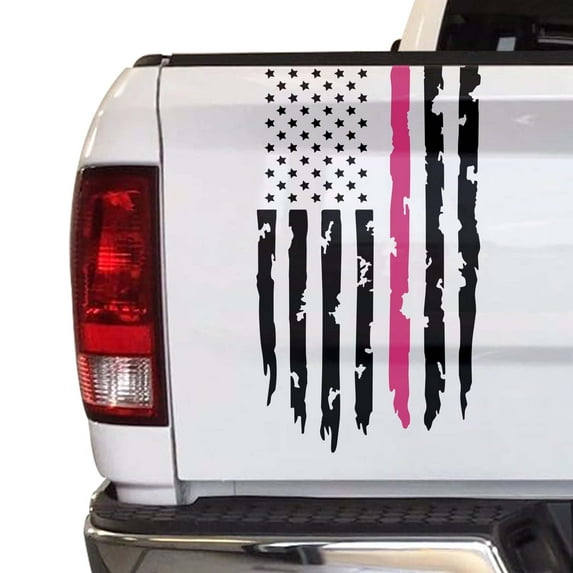 Breast Cancer Awareness Thin Pink Line Flag Distressed American USA US Flag Truck Tailgate Vinyl Decal - Compatible with most Pickup Trucks (11" x 20", Black & Pink)