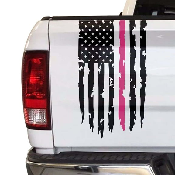 Breast Cancer Awareness Thin Pink Line Flag Distressed American USA US Flag Truck Tailgate Vinyl Decal Compatible with most Pickup Trucks (11" x 20", Black & Pink)