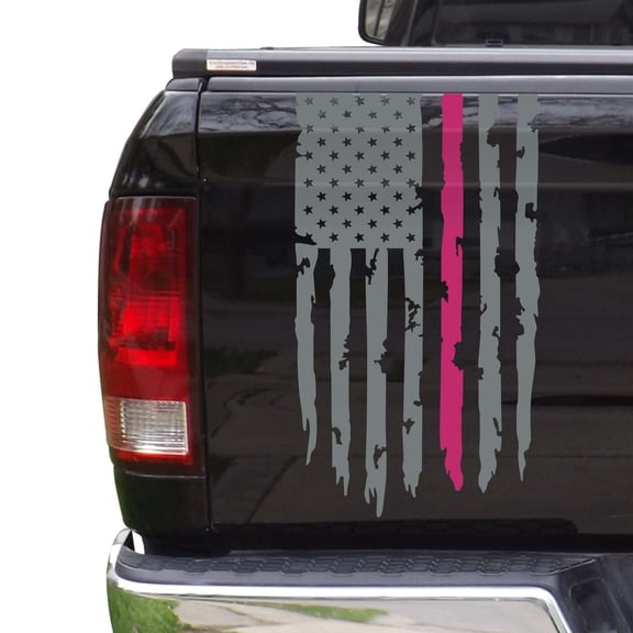 Breast Cancer Awareness Thin Pink Line Flag Distressed American USA US Flag Truck Tailgate Vinyl Decal Compatible with most Pickup Trucks (11" x 20", Gray & Pink)