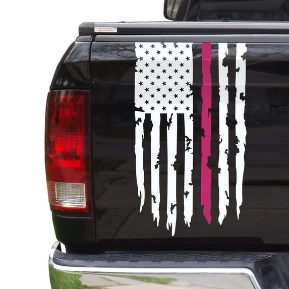 Breast Cancer Awareness Thin Pink Line Flag Distressed American USA US Flag Truck Tailgate Vinyl Decal Compatible with most Pickup Trucks (11" x 20", White & Pink)