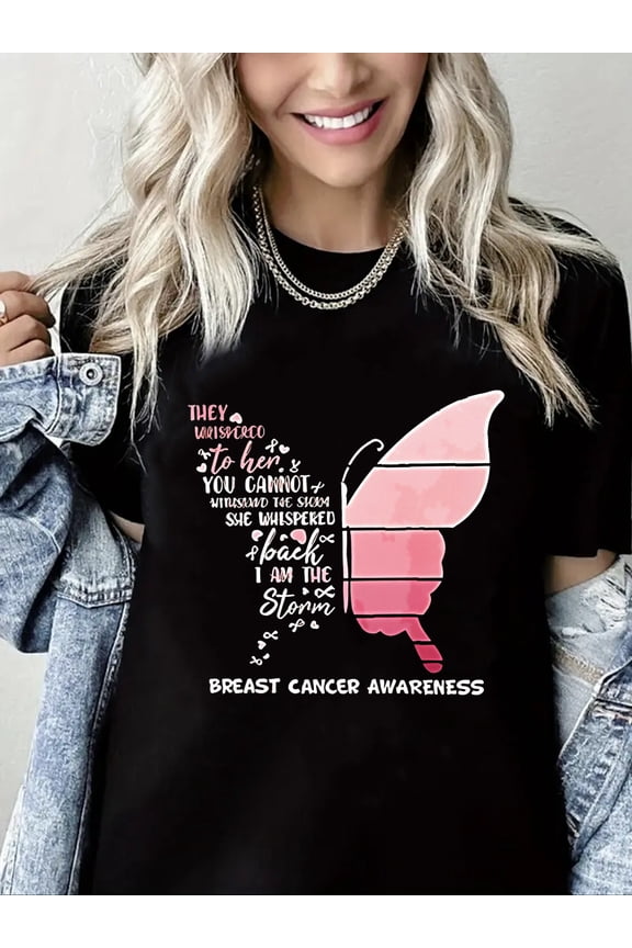 Breast Cancer Awareness Tshirt Pink bowknot Print Short Sleeve Shirt for Women