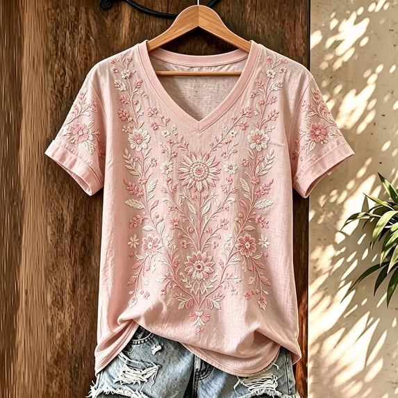 Breast Cancer Awareness V Neck Shirt For Women Pink Ribbon Print Short Sleeve Tee Vintage Bird Floral Graphic Breast Cancer Awareness Walk T-Shirt
