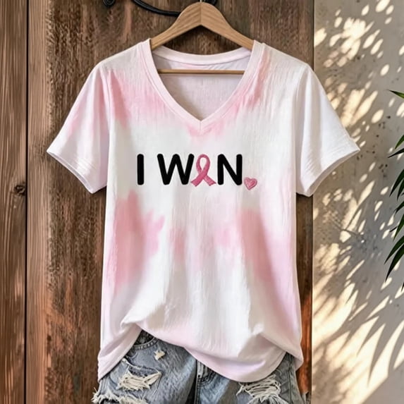 Breast Cancer Awareness V Neck Shirt For Women Pink Ribbon Print Short Sleeve Tee Vintage Bird Floral Graphic Breast Cancer Awareness Walk T-Shirt