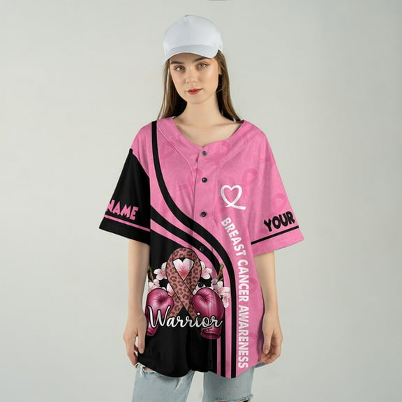 Breast Cancer Awareness Warrior Baseball Jersey – Pink Ribbon Custom Name Jersey – Support Fighter Shirt for Women & Men