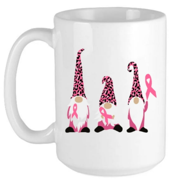 Breast Cancer Awareness Women's Ceramic Coffee Mug 11 oz., Gnomes with Pink Ribbon Aesthetic