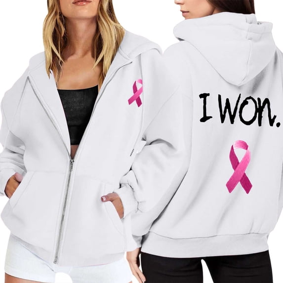 Cancer Awareness Zip Up Hoodies for Women Long Sleeve Drawstring Hooded Sweatshirts Womens Fall Winter Plain Oversized Hoodie With Pockets (White, M)