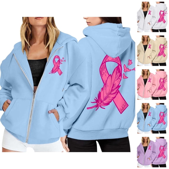 Breast Cancer Awareness Zip Up Hoodie Women Long Sleeve Jackets for Women Pink Ribbon Hooded Sweatshirts