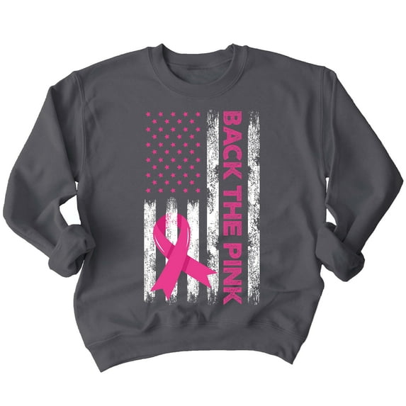 Breast Cancer Back The Pink American Flag US Crewneck Sweatshirt, L, Charcoal
