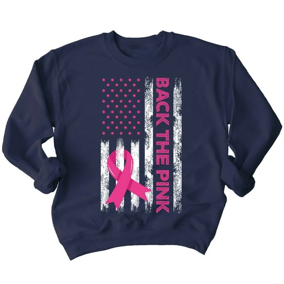 Breast Cancer Back The Pink American Flag US Crewneck Sweatshirt, S, Navy
