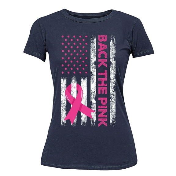 Breast Cancer Back The Pink American Flag US Women's T-shirt, S, Navy