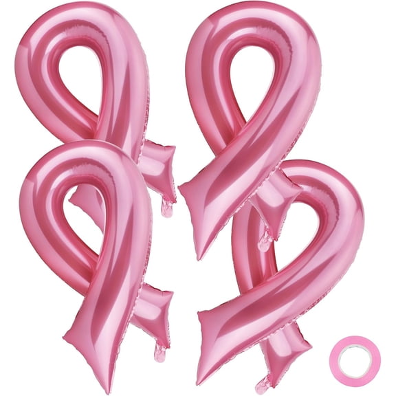 Breast Cancer Balloons, Breast Cancer Awareness Decorations, 4 count Ribbon Shaped Foil Balloons, Large Breast Cancer Awareness Balloons for Fundraising Event Party Decoration Supplies