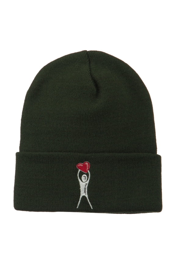 Breast Cancer Body Heart Embroidered Long Beanie - Olive OSFM