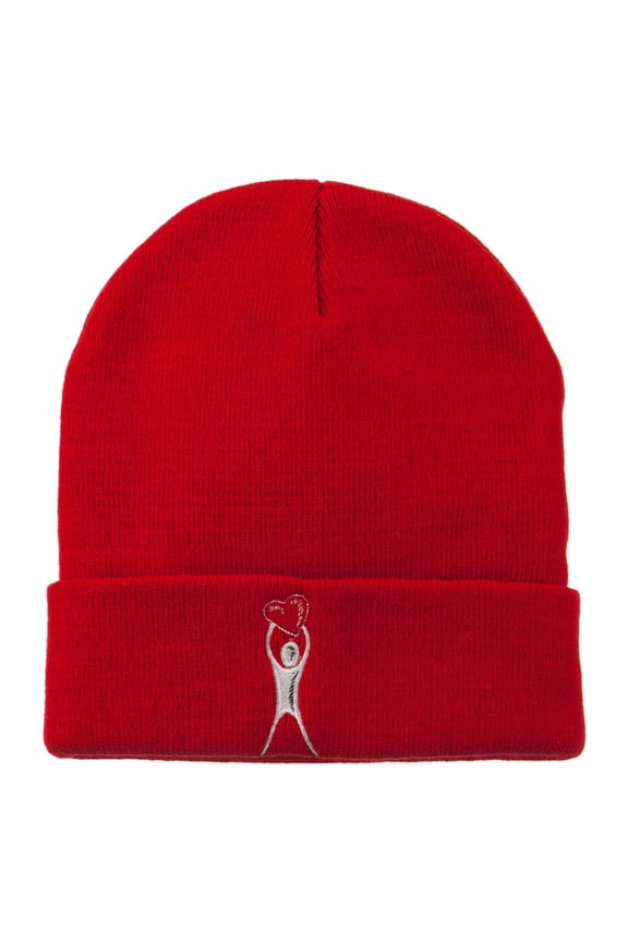Breast Cancer Body Heart Embroidered Long Beanie - Red OSFM