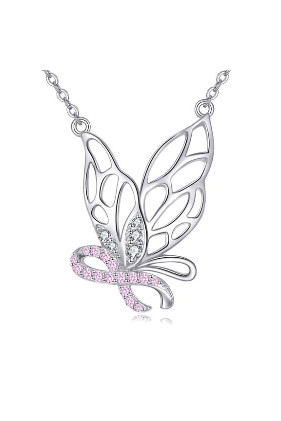 Breast Cancer Butterfly Necklace 925 Sterling Silver Pink Ribbon Jewelry Birthday Gifts for Women (Breast Cancer)