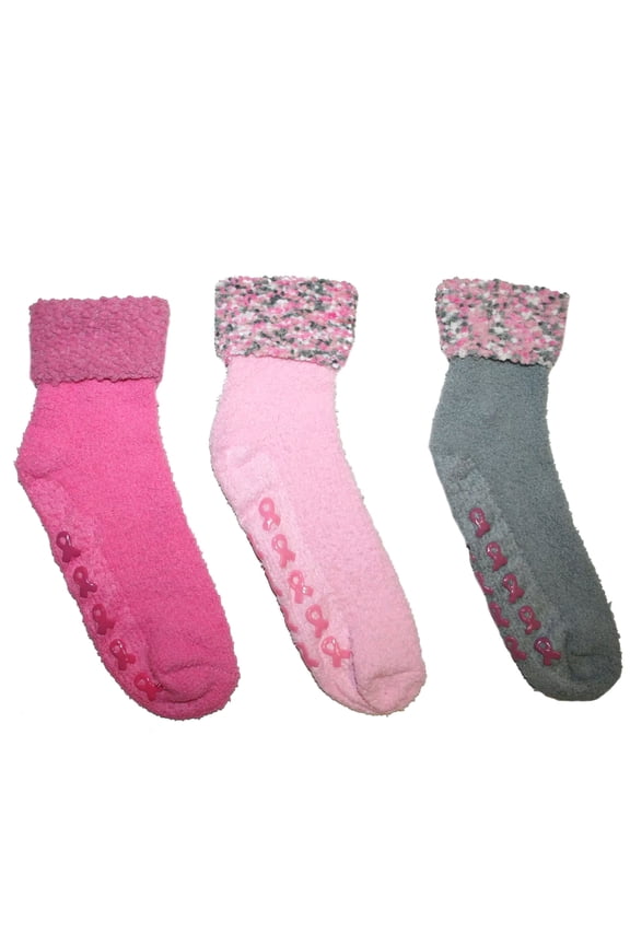 Breast Cancer Cozy Socks - 3pk Pink/Hot Pink/Gray (9-11)