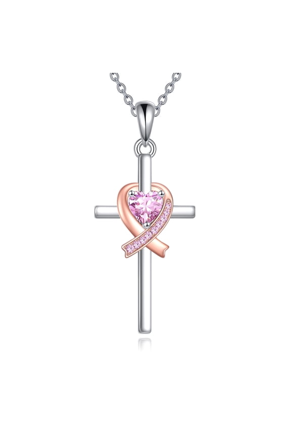 Breast Cancer Cross Necklace Sterling Silver Pink Ribbon Pendant Breast Cancer Awareness Jewelry Gifts for Women