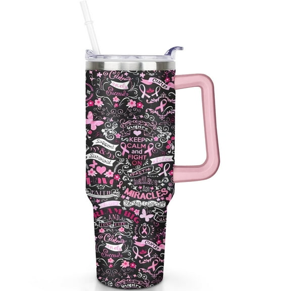 Breast Cancer Day 40oz Tumbler with Handle Straw Birthday Gifts for Breast Cancer Day Lovers 40 oz Breast Cancer Day Theme Tumbler Spill Proof Lid Double Insulated Travel Accessories Must Have
