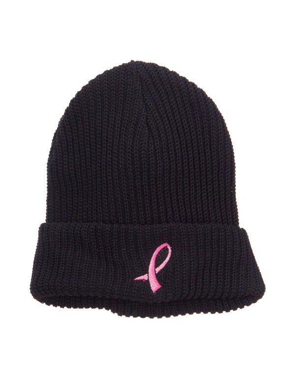 Breast Cancer Embroidered Big Size Waffle Beanie - Black XL-3XL