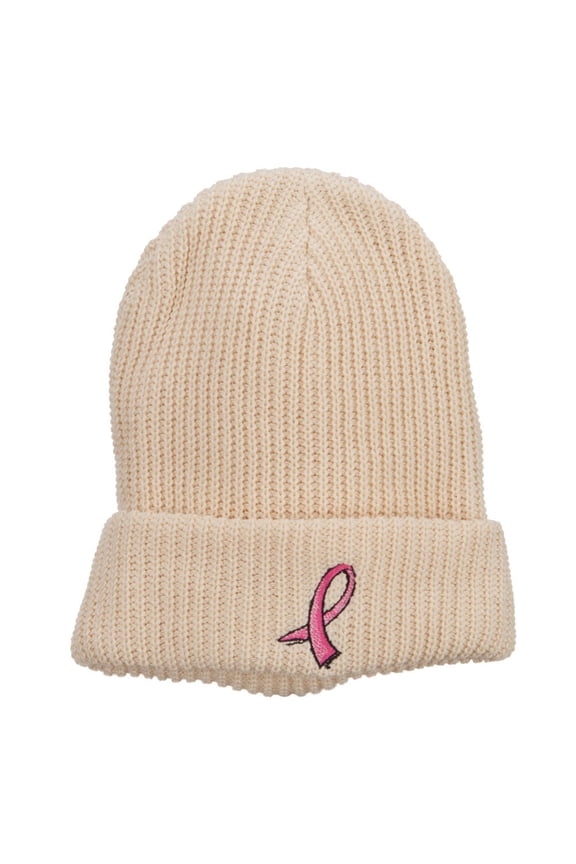 Breast Cancer Embroidered Big Size Waffle Beanie - Natural XL-3XL