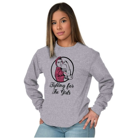 Breast Cancer Fighter Rosie Riveter Women Plus Size Long Sleeve Graphic Tee Brisco Brands 3X