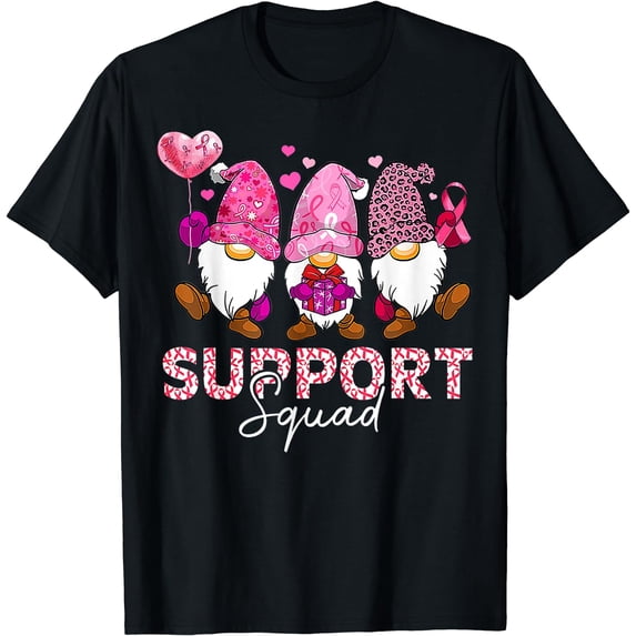Breast Cancer Gnomes Support Squad Breast Cancer Awareness T-Shirt Black X-Large