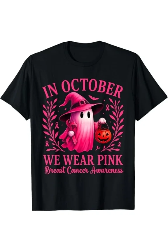 Breast Cancer Halloween In October We Wear Pink Witch Unisex T-Shirt, for men & women, up to size 5XL