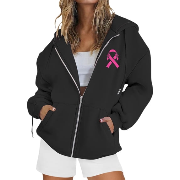 Breast Cancer Hoodies Women Ribbon Graphic Breast Cancer Awareness Coat Long Sleeve Full Zip Up Hoodies Coat
