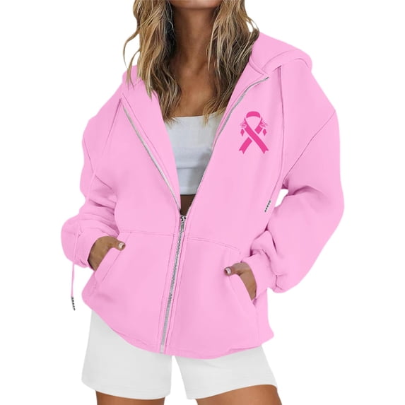 Breast Cancer Hoodies Women Ribbon Graphic Breast Cancer Awareness Coat Long Sleeve Full Zip Up Hoodies Coat