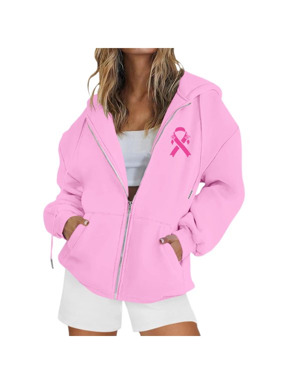 Breast Cancer Hoodies Women Ribbon Graphic Breast Cancer Awareness Coat Long Sleeve Full Zip Up Hoodies Coat