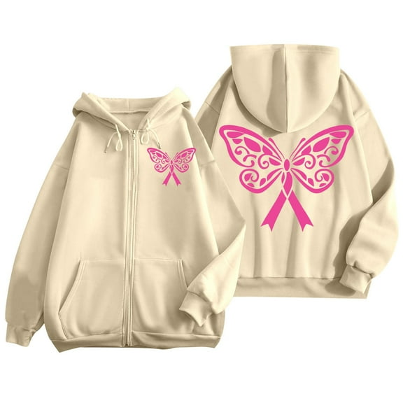 Breast Cancer Hoodies for Women Zip Up Drawstring Cute Pink Ribbon Graphic Jacket Cancer Awareness Y2k Casual Sweatshirts Z002-Beige 3XL