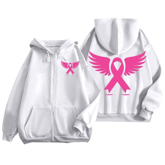 Breast Cancer Hoodies for Women Zip Up Drawstring Cute Pink Ribbon Graphic Jacket Cancer Awareness Y2k Casual Sweatshirts Z004-White L