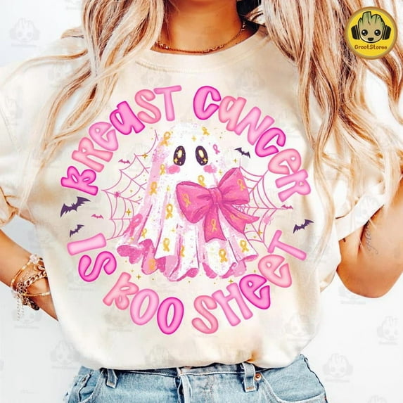 Breast Cancer Is Boo Sheet Shirt, In October We Wear Pink Shirt, Coquette Breast Cancer Shirt, Halloween Pink Ghost Shirt, Preppy Pink Ribbon Shirt