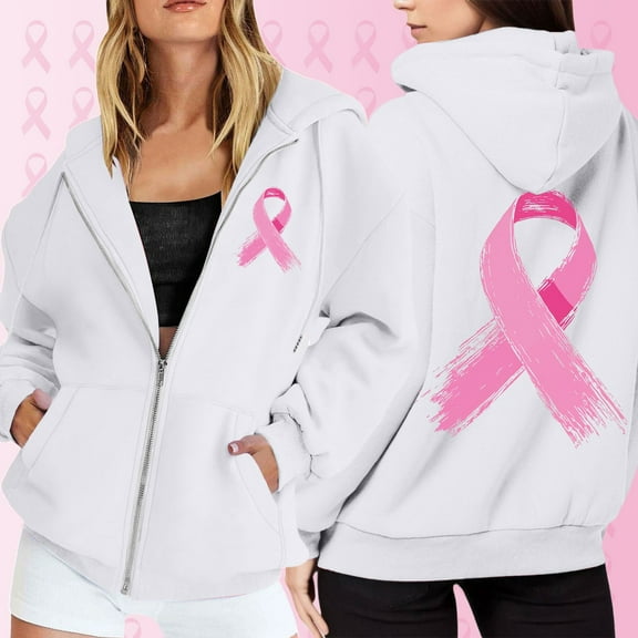 Cancer Jacket for Women Crew Neck Long Sleeve Full Zip Up Hooded Sweatshirts Pink Ribbon Printed Fashion Long Sleeve Tops Casual Hoodies with Pocket