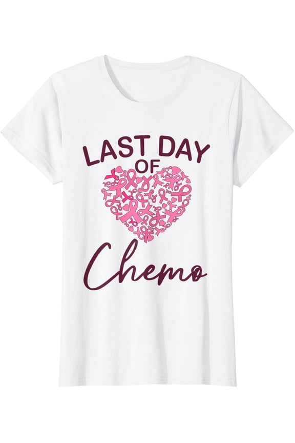 Breast Cancer Last Day Of Chemo Pink Ribbon T-ShirtMen and women, White T-shirt, size: Extra large
