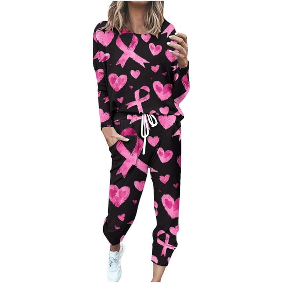 Breast Cancer Lounge Sets for Women Long Sleeve Plus Size Sweatshirt Pants Cotton Loose Casual Festival Outfits Sweatsuit, Hot Pink, L