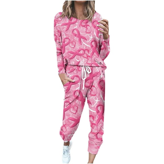 Breast Cancer Lounge Sets for Women Long Sleeve Plus Size Sweatshirt Pants Cotton Loose Casual Festival Outfits Sweatsuit, Hot Pink, XXL