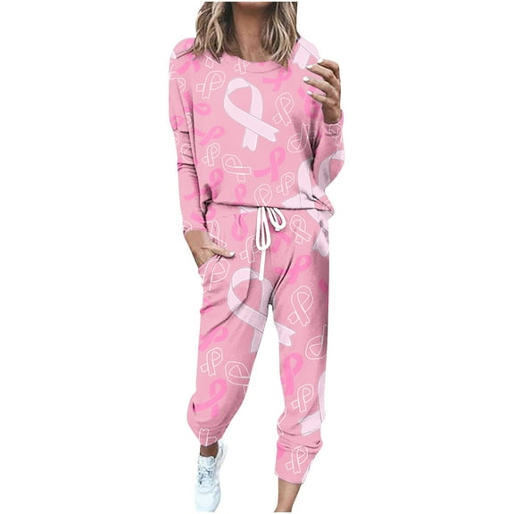 Breast Cancer Lounge Sets for Women Long Sleeve Plus Size Sweatshirt Pants Cotton Loose Casual Festival Outfits Sweatsuit, Pink, XXXXL