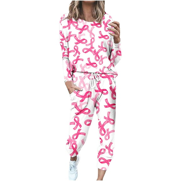Breast Cancer Lounge Sets for Women Long Sleeve Plus Size Sweatshirt Pants Cotton Loose Casual Festival Outfits Sweatsuit, White, M