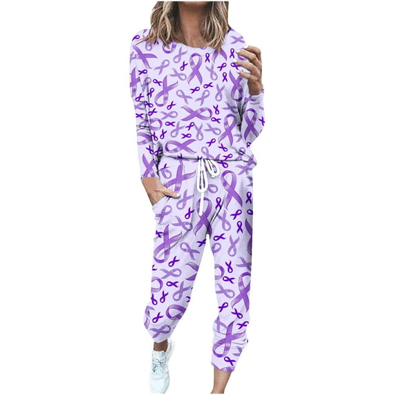 Breast Cancer Lounge Sets for Women Plus Size Long Sleeve Sweatshirt Pants Cotton Loose Casual Festival Outfits Sweatsuit, Violet, S