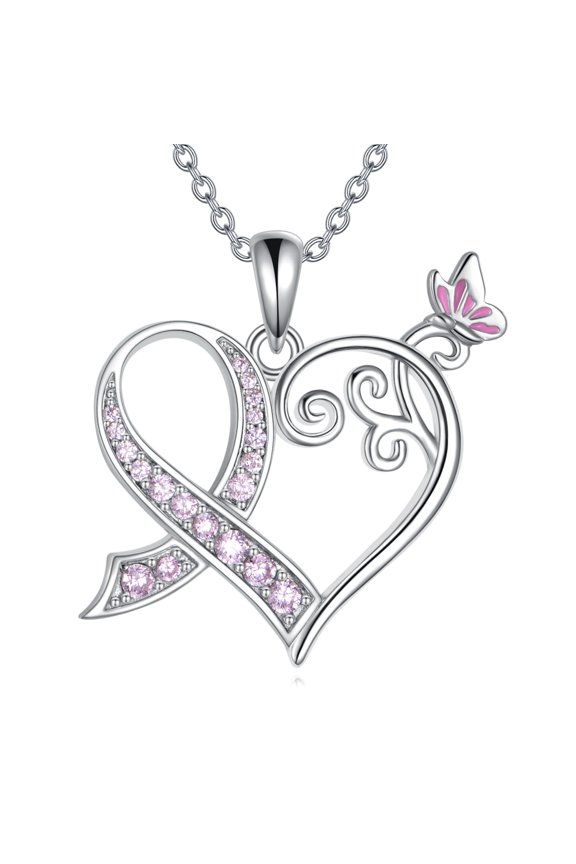 Breast Cancer Necklace 925 Sterling Silver Cancer Awareness Necklace Pink Ribbon Pendant Inspirational Necklace Cancer Survivor Jewelry for Women Friend