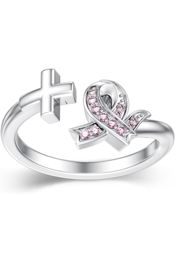 Breast Cancer Open Ring for Women 925 Sterling Silver Adjustable Ribbon Cross Ring Pink Ribbon Breast Cancer Jewelry Gifts for Women