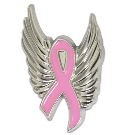 Breast Cancer Pink Awareness Ribbon with Silver Angel Wings Enamel Lapel Pin