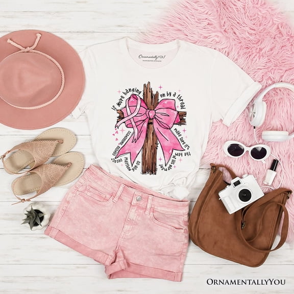 Breast Cancer Pink Bow Cross T-Shirt, Awareness Faith Christian Tee