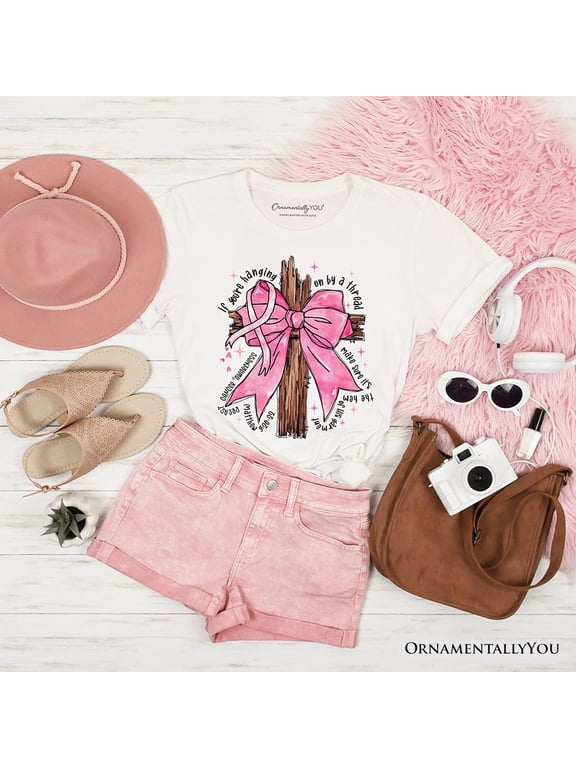 Breast Cancer Pink Bow Cross T-Shirt, Awareness Faith Christian Tee