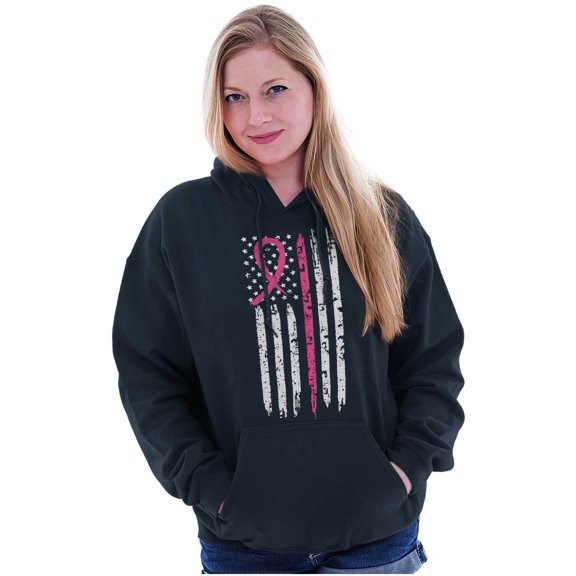 Breast Cancer Pink Line American Flag Women Plus Size Graphic Pullover Hoodie Brisco Brands 3X