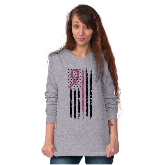 Breast Cancer Pink Line American Flag Women Plus Size Long Sleeve Graphic Tee Brisco Brands 3X