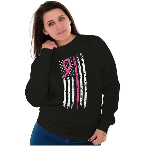 Breast Cancer Pink Line American Flag Women Plus Size Crewneck Sweatshirt Brisco Brands 4X